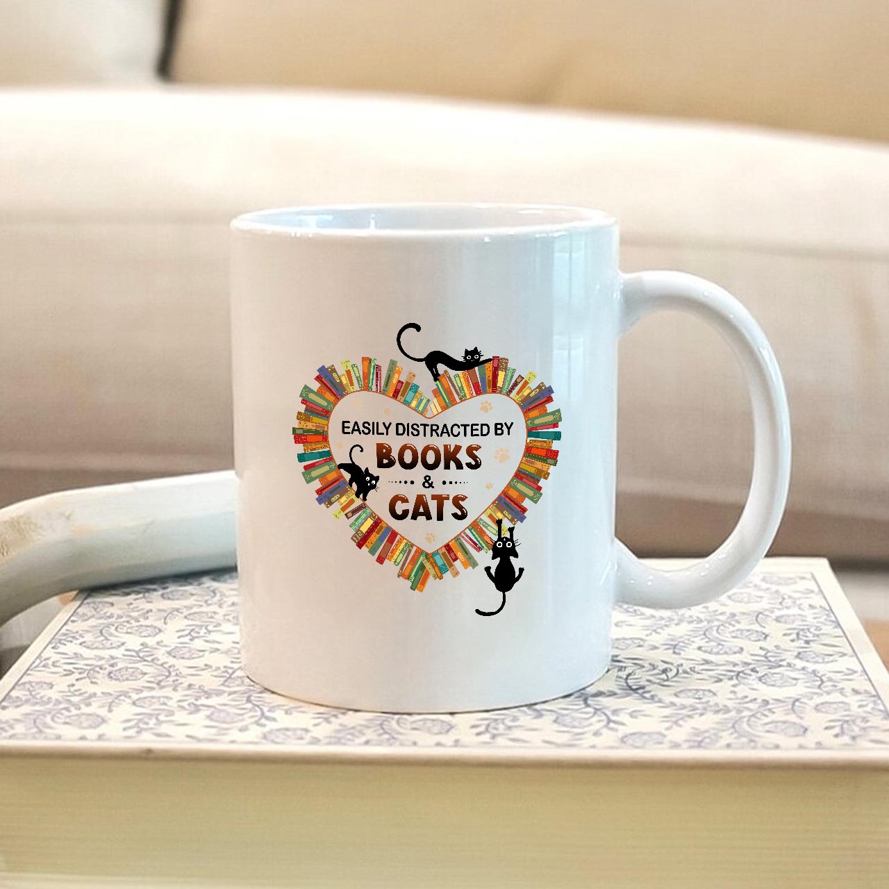 Easily Distracted By Books And Cats Book Lover Gift MUGW213