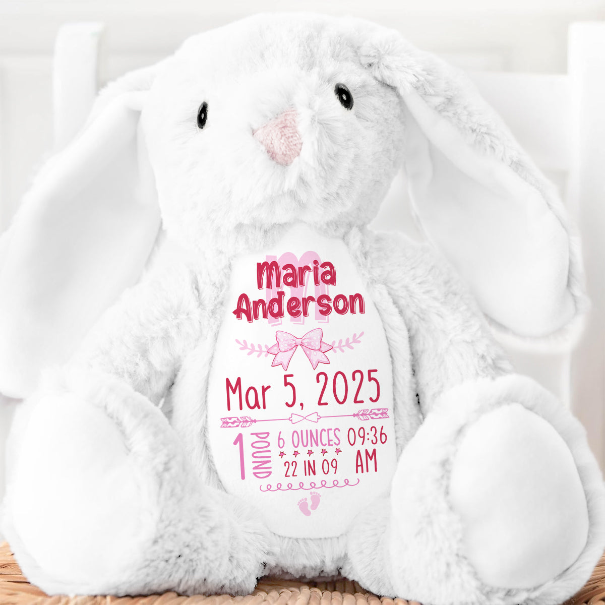 Newborn Birth Stat Keepsake Gift - Personalized Stuffed Bunny