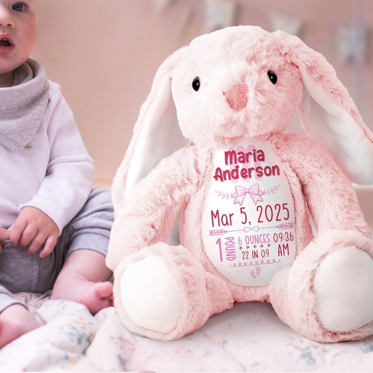 Newborn Birth Stat Keepsake Gift - Personalized Stuffed Bunny