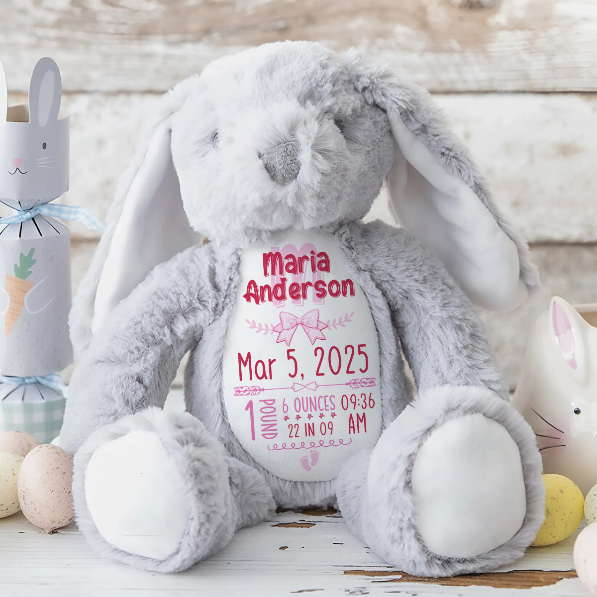 Newborn Birth Stat Keepsake Gift - Personalized Stuffed Bunny