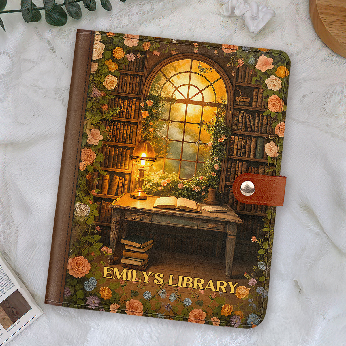 Through The Reading Window - Personalized Leather Notebook Cover With Pocket