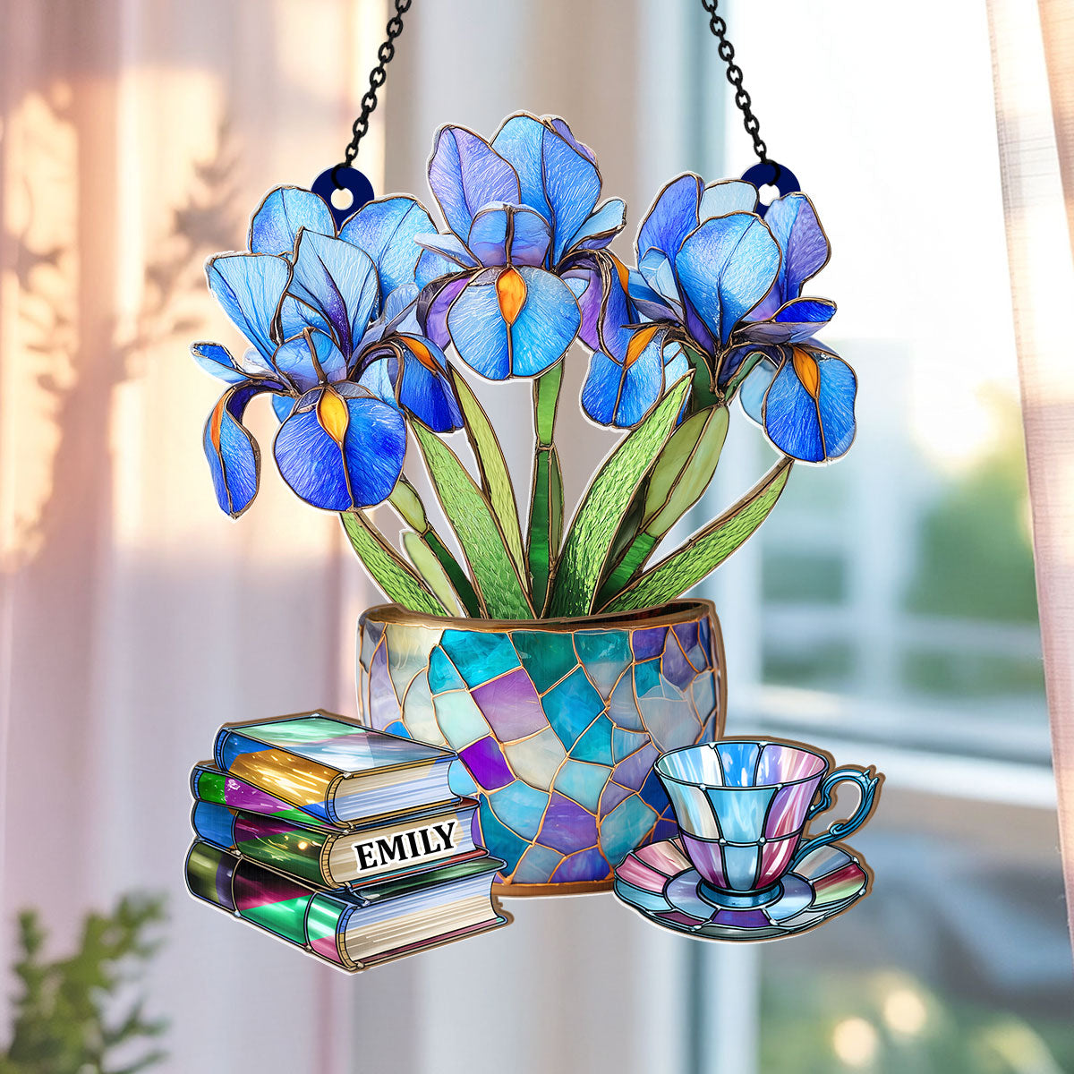 Nostalgic Iris, Books, And Tea - Personalized Acrylic Suncatcher