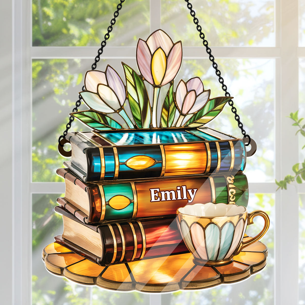 Tea Cup And Library - Personalized Acrylic Suncatcher