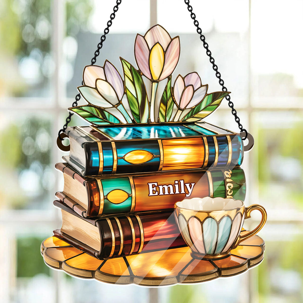 Tea Cup And Library - Personalized Acrylic Suncatcher