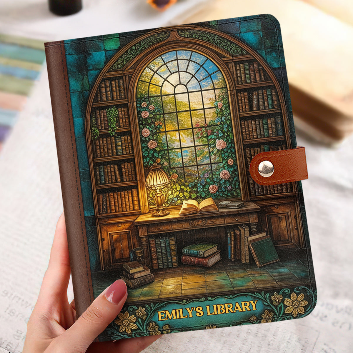 Through The Reading Window - Personalized Leather Notebook Cover With Pocket