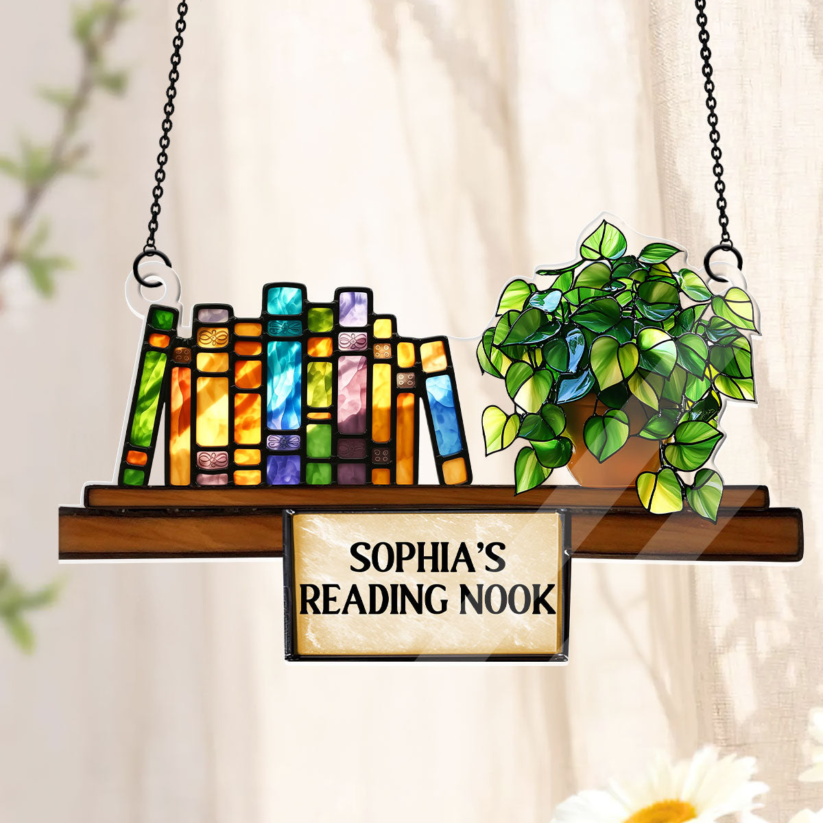 Bookshelf With Pothos Plant - Personalized Acrylic Suncatcher