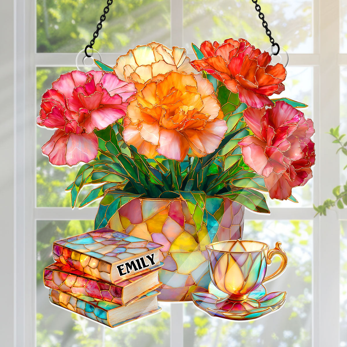 Carnation, Books, And Tea - Personalized Acrylic Suncatcher