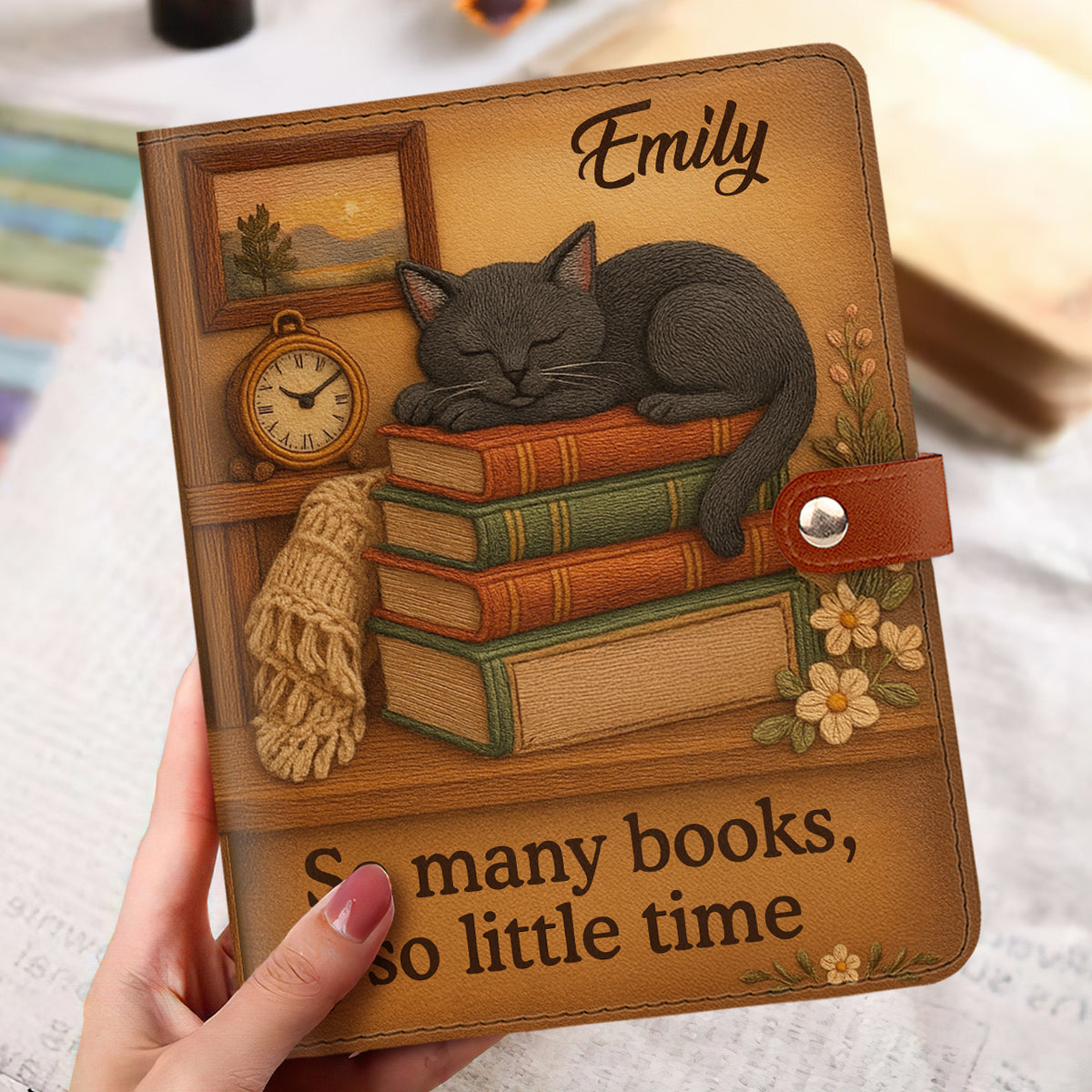 So Many Books So Little Time - Personalized Leather Notebook Cover With Pocket