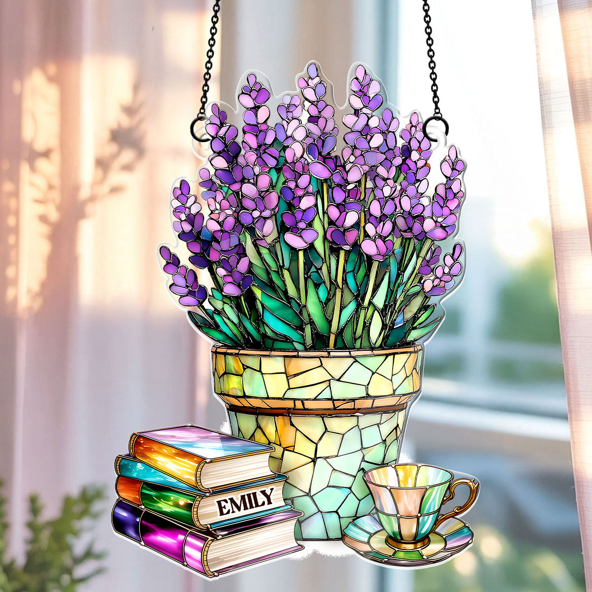 Nostalgic Lavenders, Books, And Tea - Personalized Acrylic Suncatcher