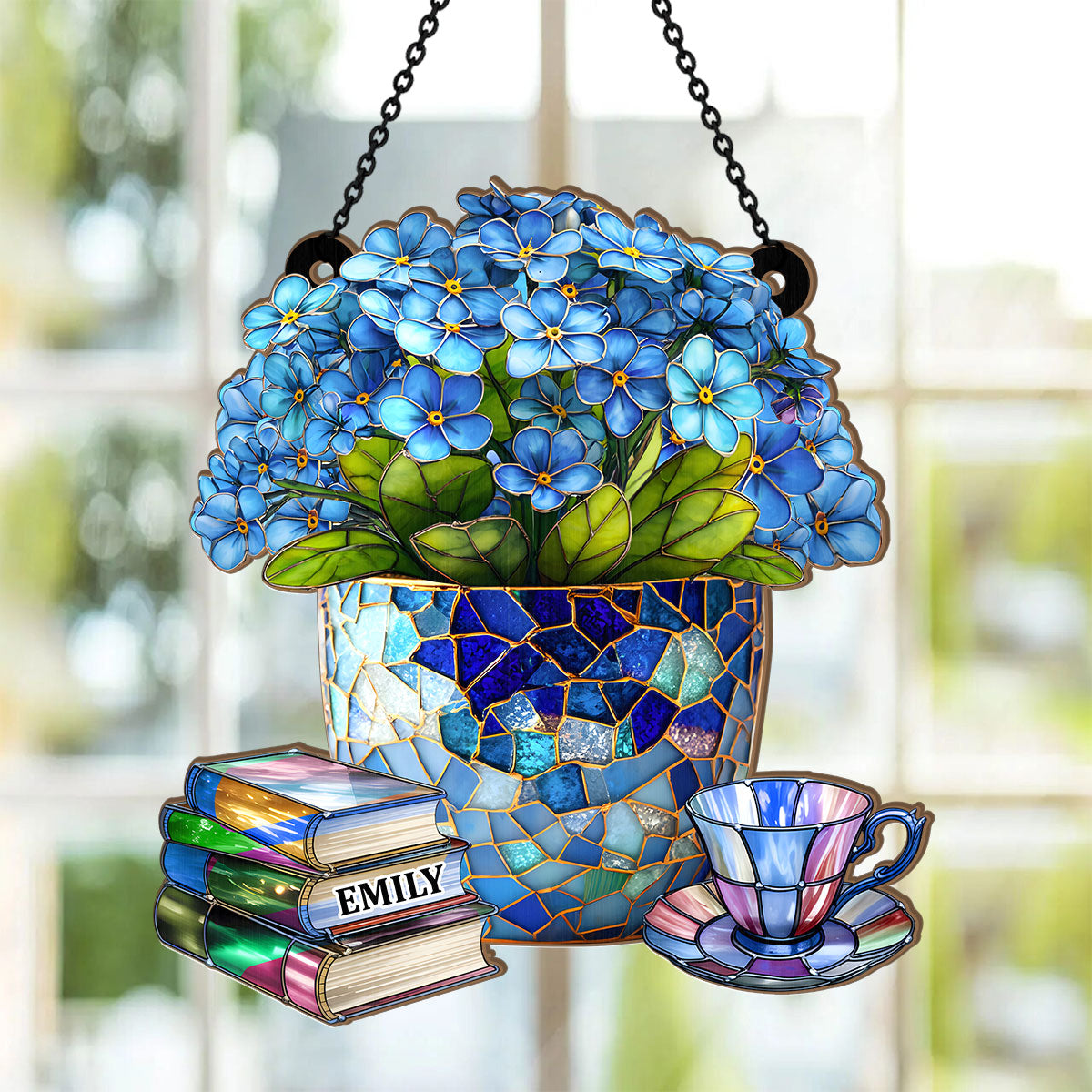 Forget-Me-Not, Books, And Tea - Personalized Acrylic Suncatcher
