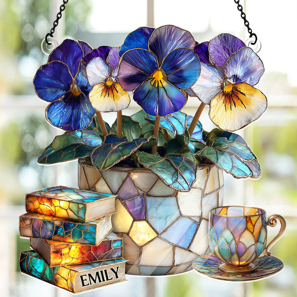 Violet, Books, And Tea - Personalized Acrylic Suncatcher