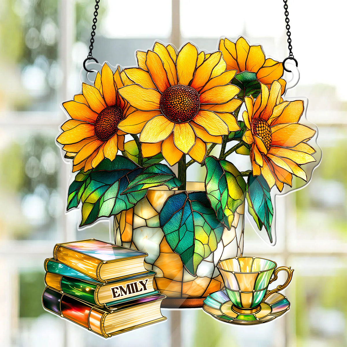 Nostalgic Sunflowers, Books, And Tea - Personalized Acrylic Suncatcher