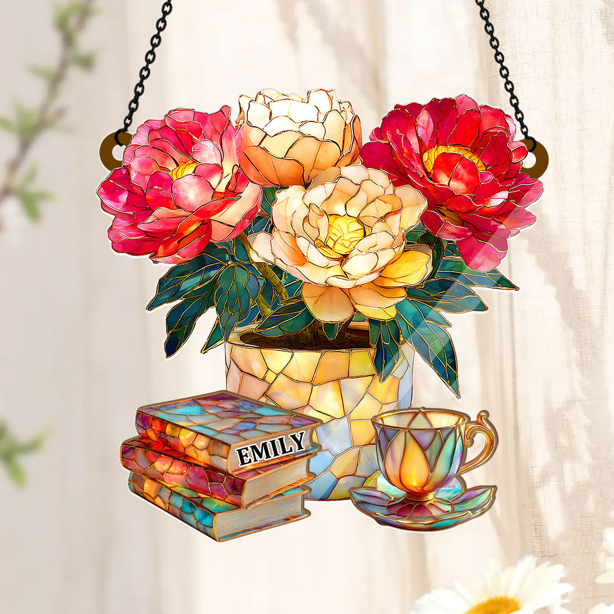 Peony, Books, And Tea - Personalized Acrylic Suncatcher