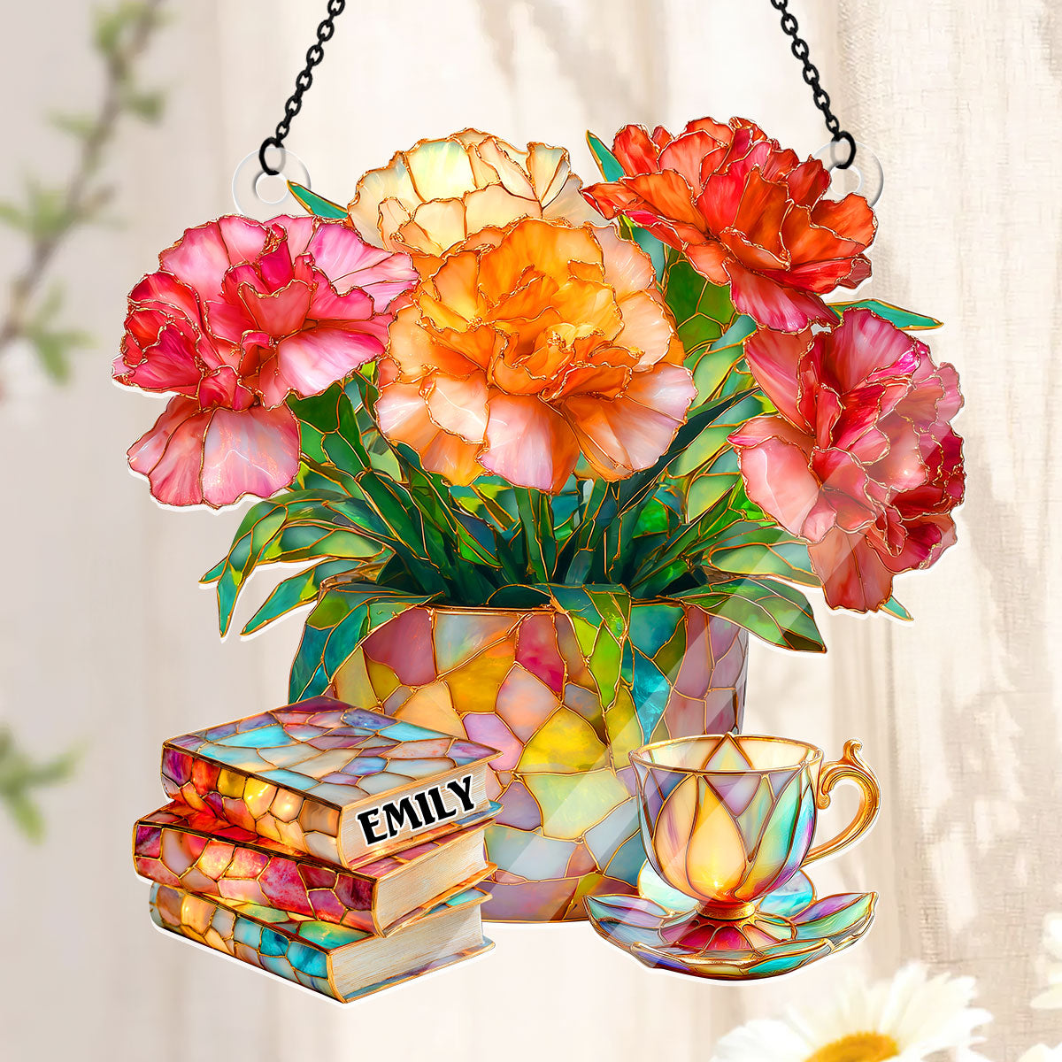Carnation, Books, And Tea - Personalized Acrylic Suncatcher