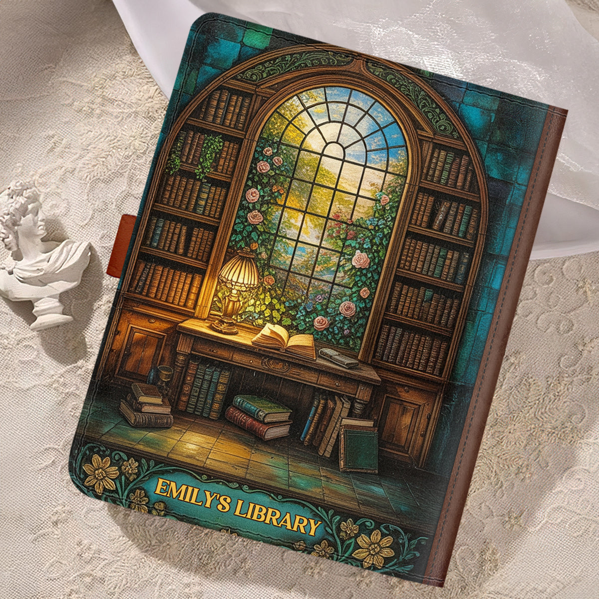 Through The Reading Window - Personalized Leather Notebook Cover With Pocket