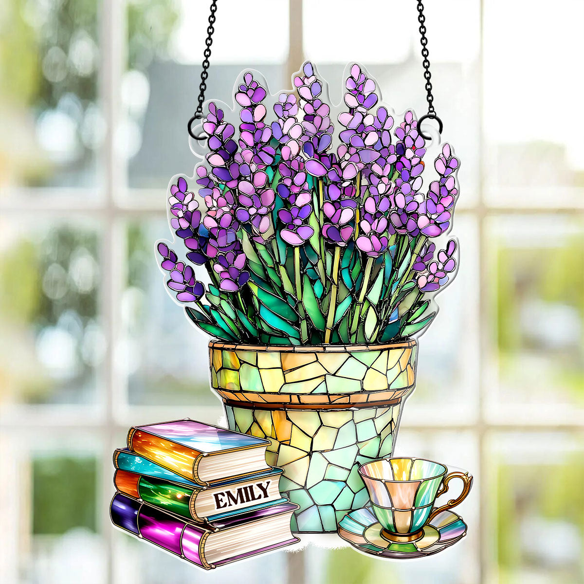 Nostalgic Lavenders, Books, And Tea - Personalized Acrylic Suncatcher