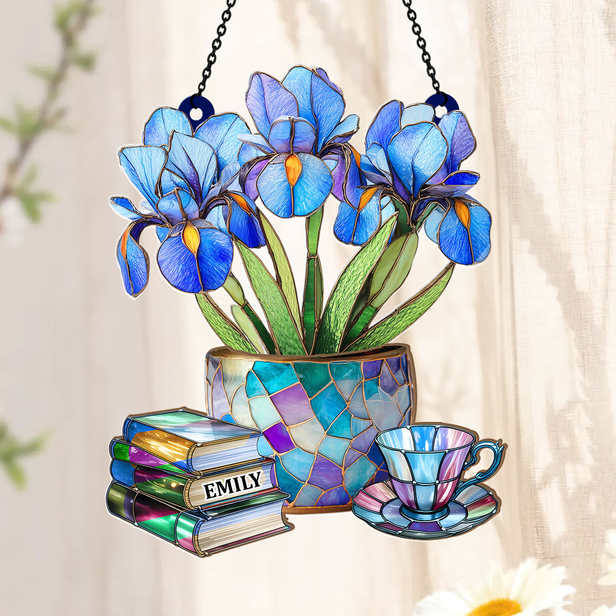 Nostalgic Iris, Books, And Tea - Personalized Acrylic Suncatcher
