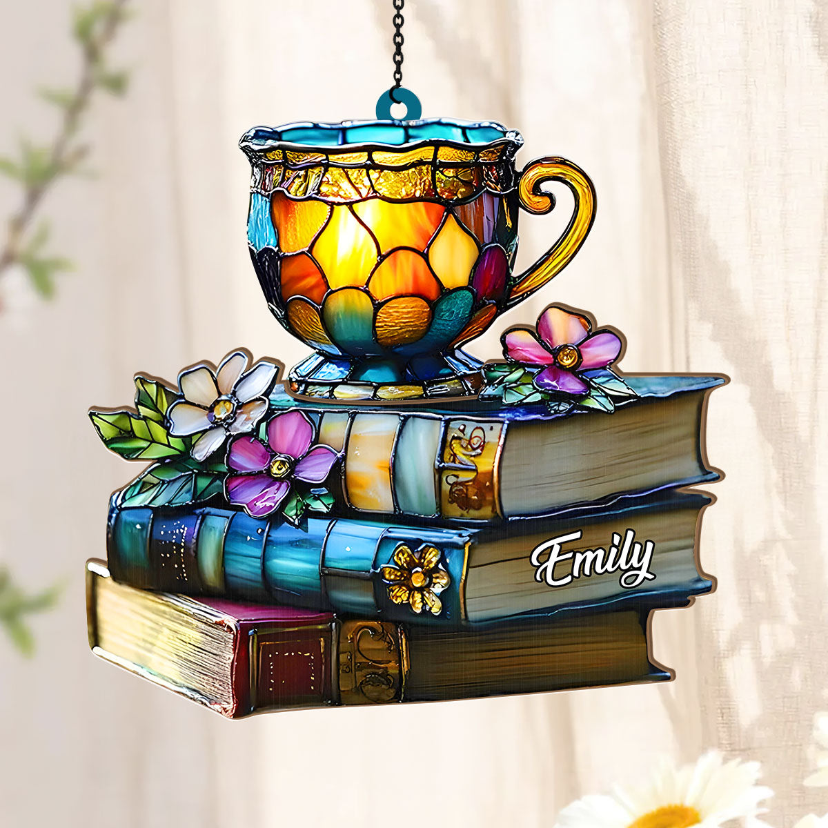 Floral Book And Tea - Personalized Acrylic Suncatcher