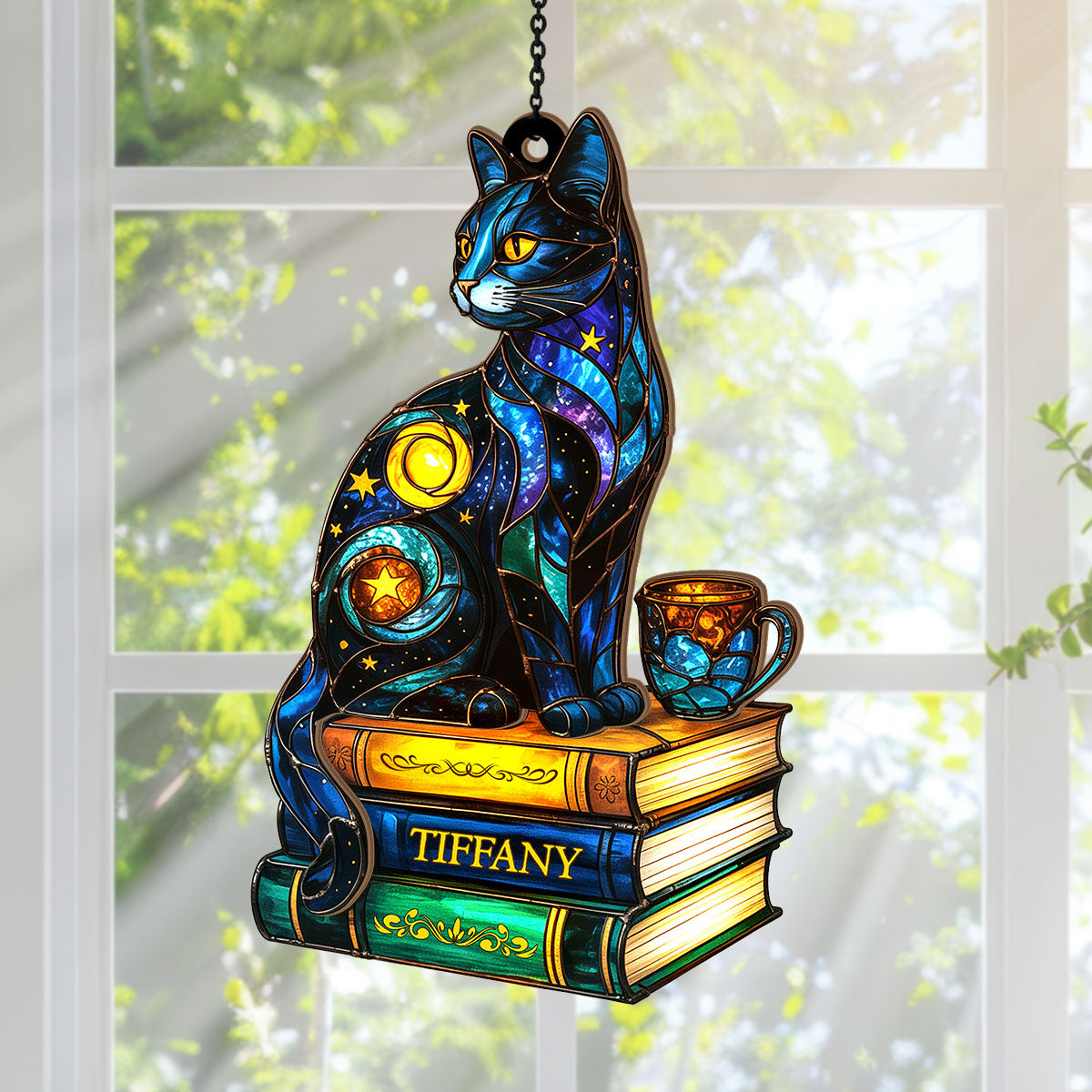 The Library Cat - Personalized Window Hanging Suncatcher