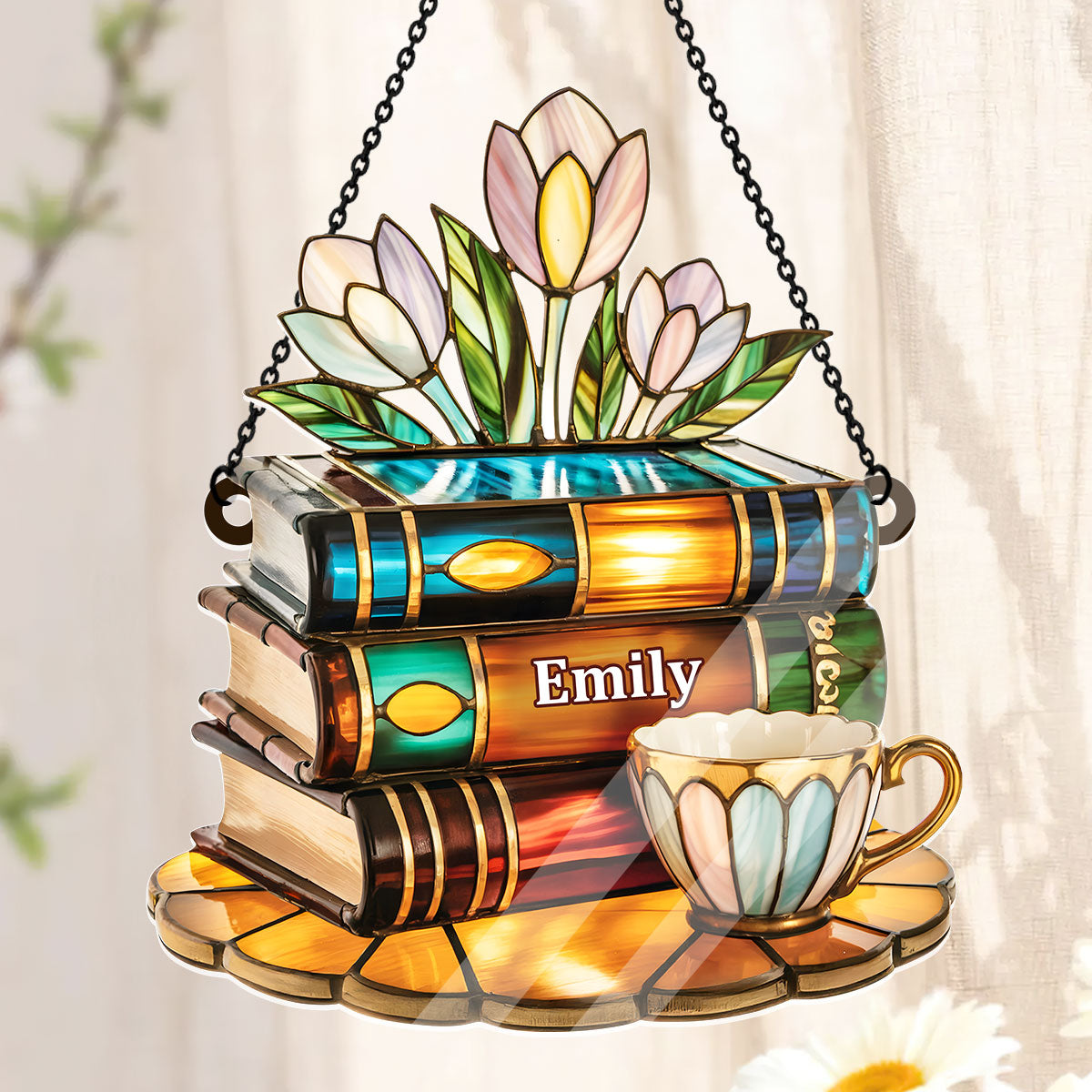 Tea Cup And Library - Personalized Acrylic Suncatcher