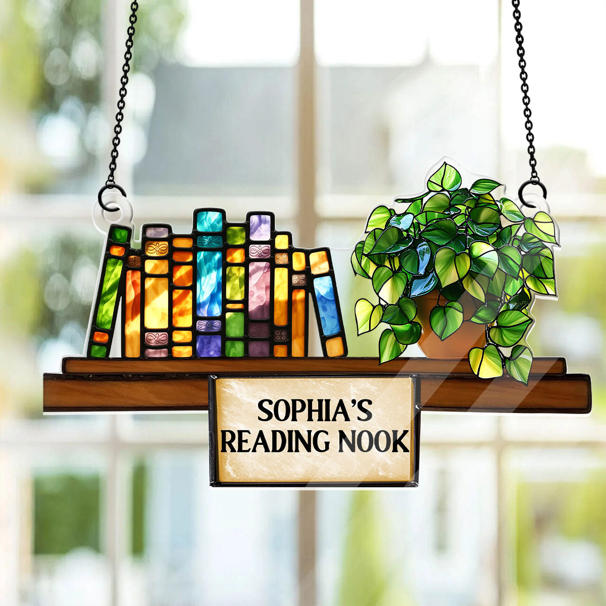 Bookshelf With Pothos Plant - Personalized Acrylic Suncatcher