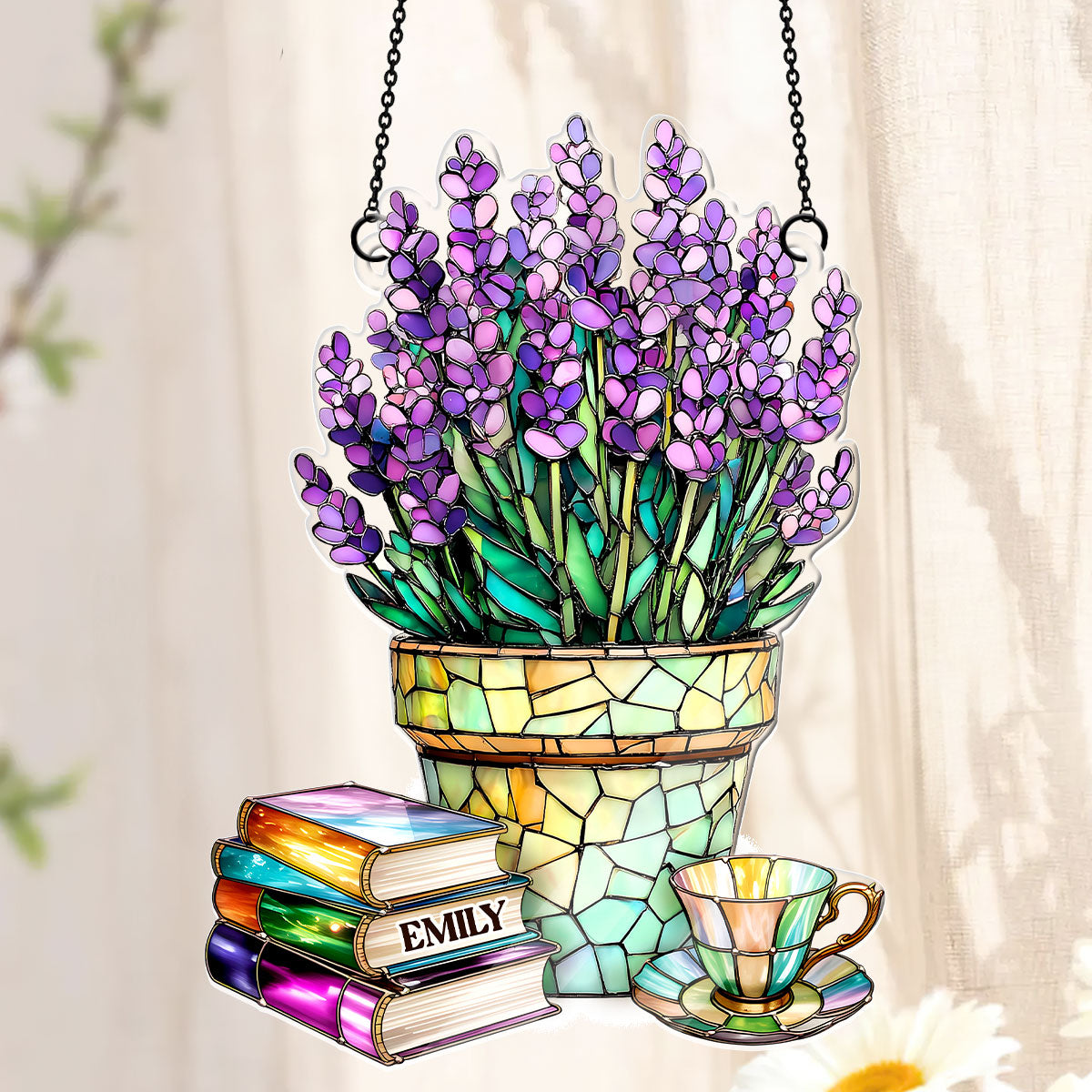 Nostalgic Lavenders, Books, And Tea - Personalized Acrylic Suncatcher