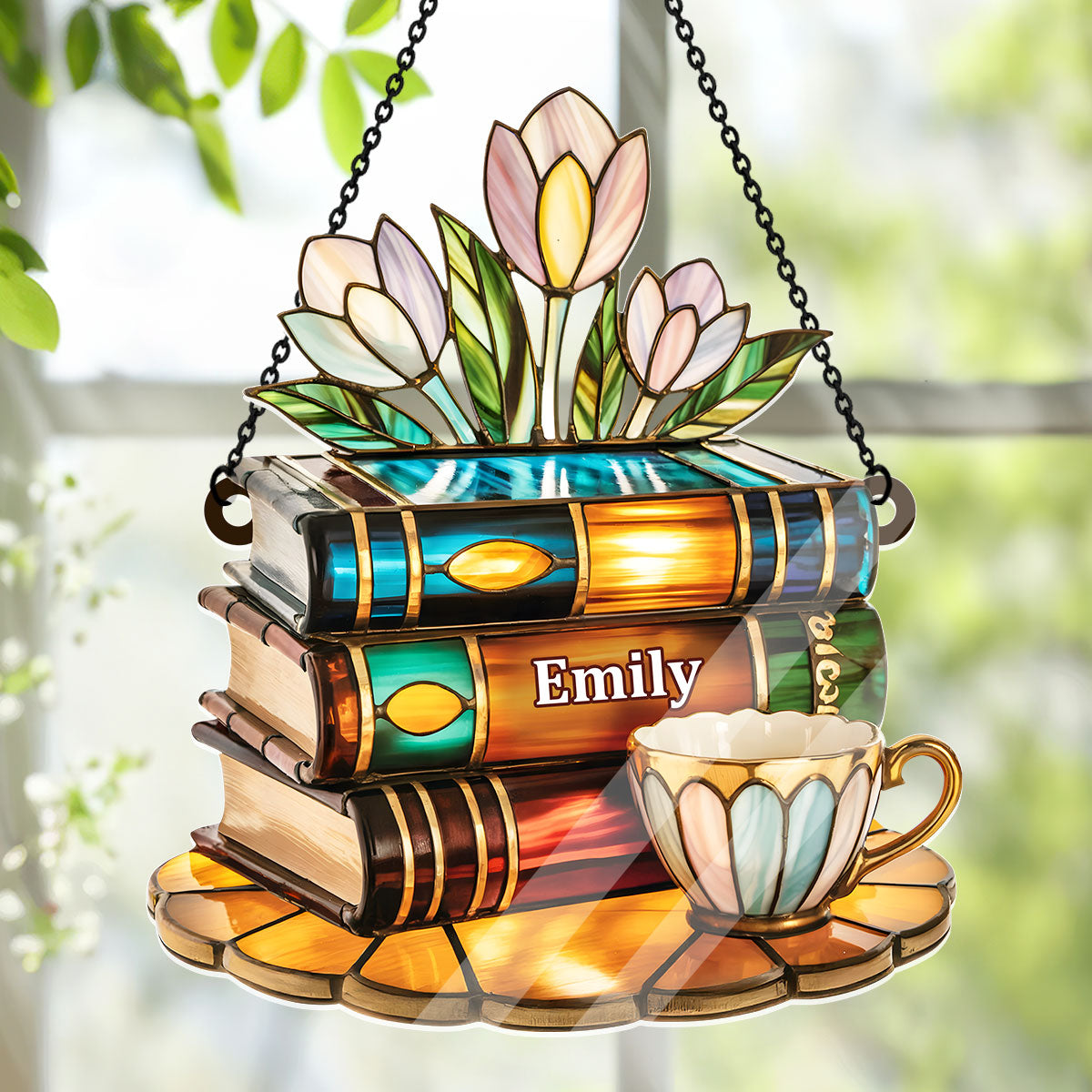 Tea Cup And Library - Personalized Acrylic Suncatcher