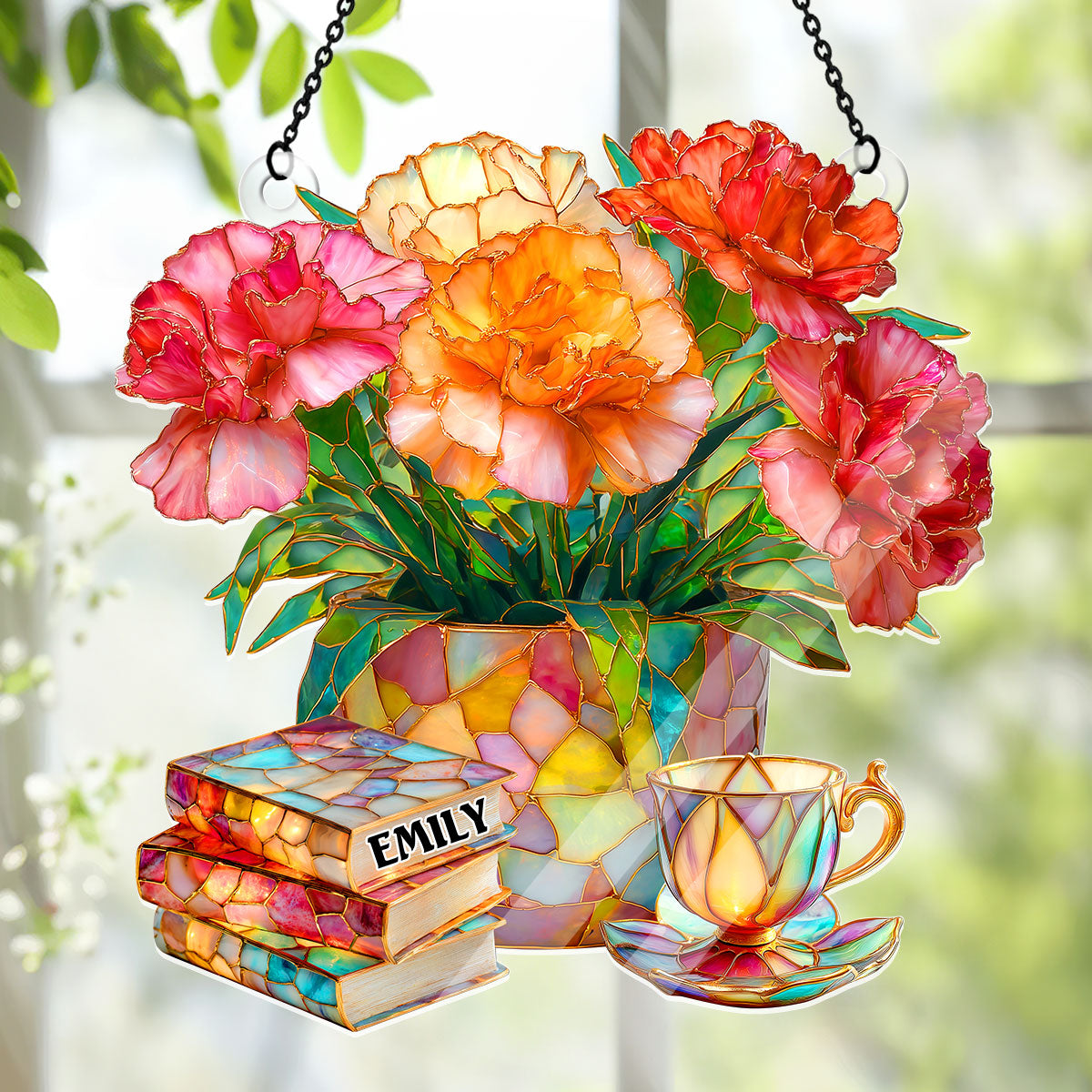 Carnation, Books, And Tea - Personalized Acrylic Suncatcher