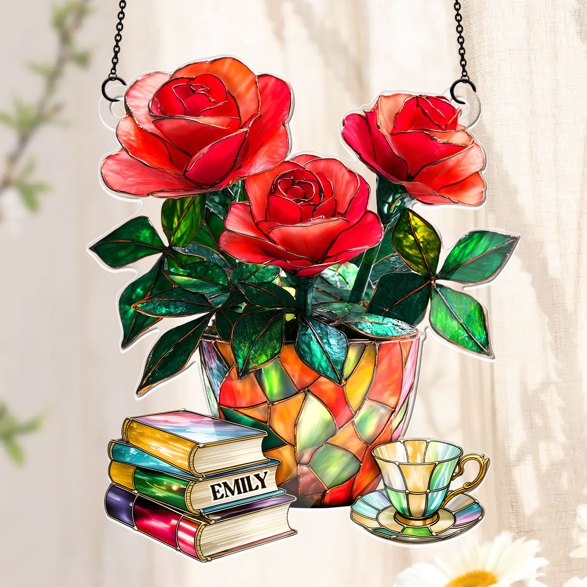 Nostalgic Roses, Books, And Tea - Personalized Acrylic Suncatcher