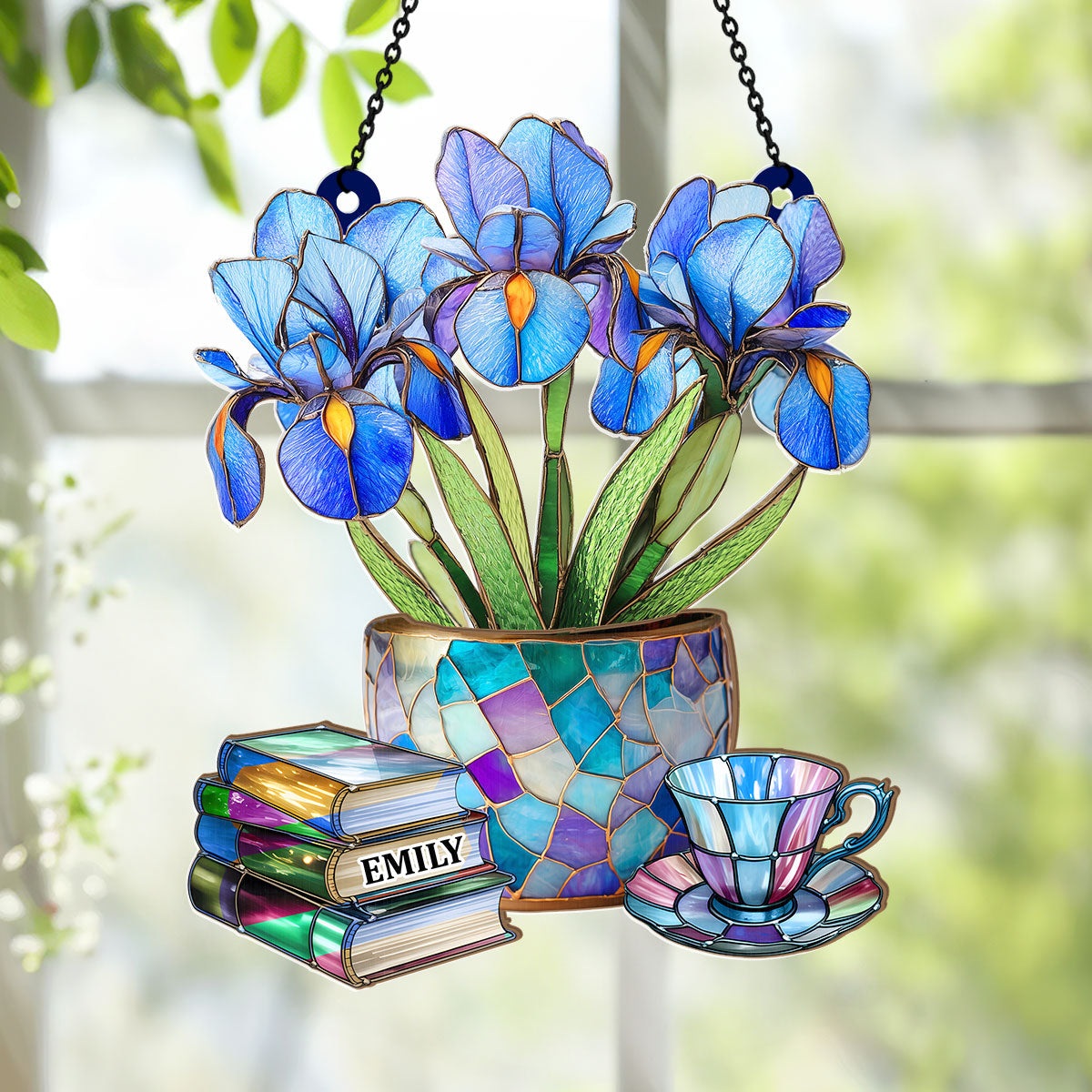 Nostalgic Iris, Books, And Tea - Personalized Acrylic Suncatcher