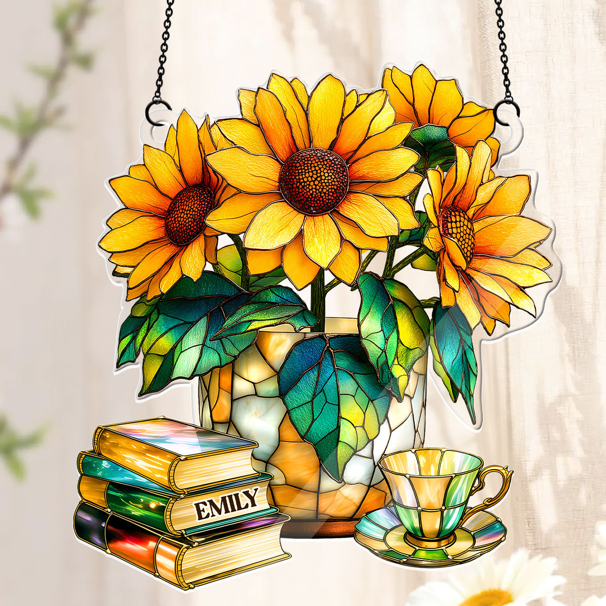 Nostalgic Sunflowers, Books, And Tea - Personalized Acrylic Suncatcher