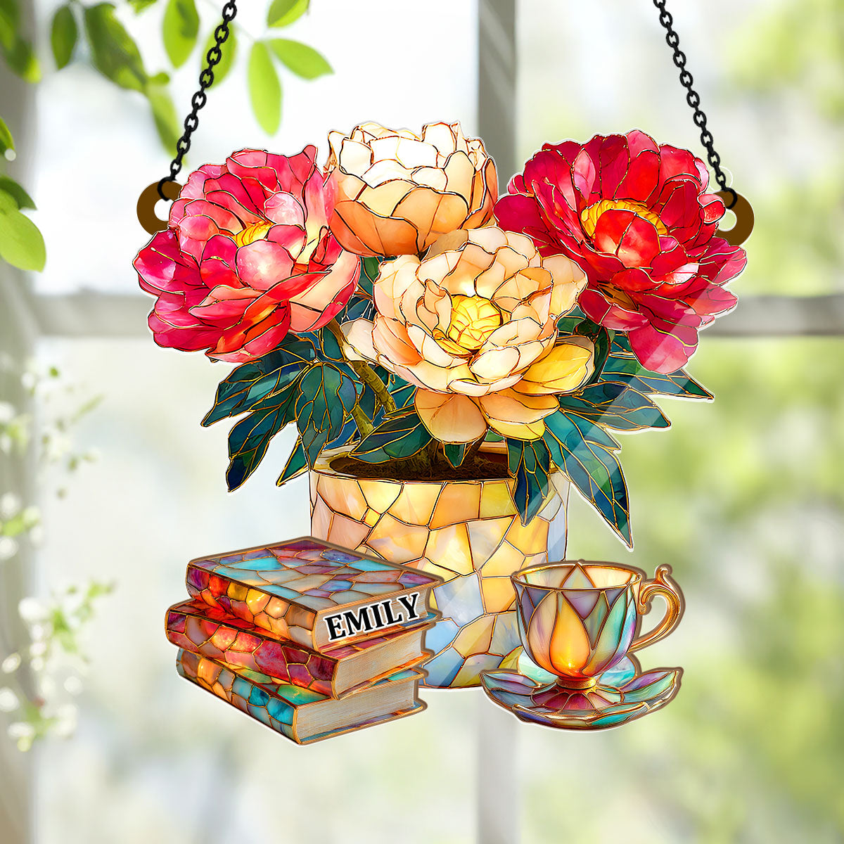 Peony, Books, And Tea - Personalized Acrylic Suncatcher