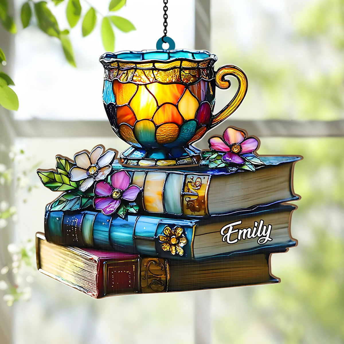 Floral Book And Tea - Personalized Acrylic Suncatcher
