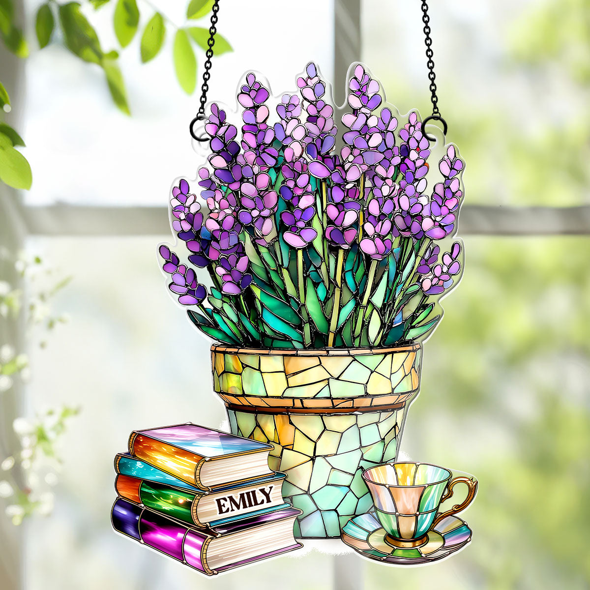 Nostalgic Lavenders, Books, And Tea - Personalized Acrylic Suncatcher