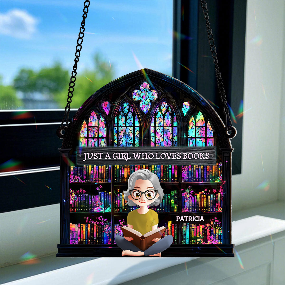 Just A Girl Who Loves Book - Personalized Holographic Window Hanging Suncatcher