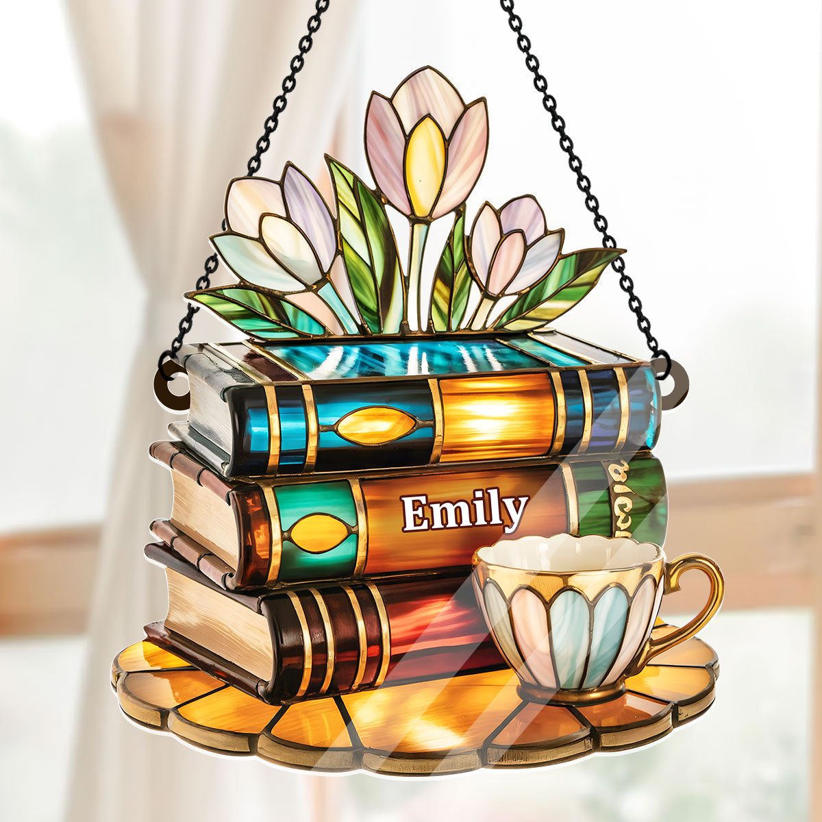Tea Cup And Library - Personalized Acrylic Suncatcher