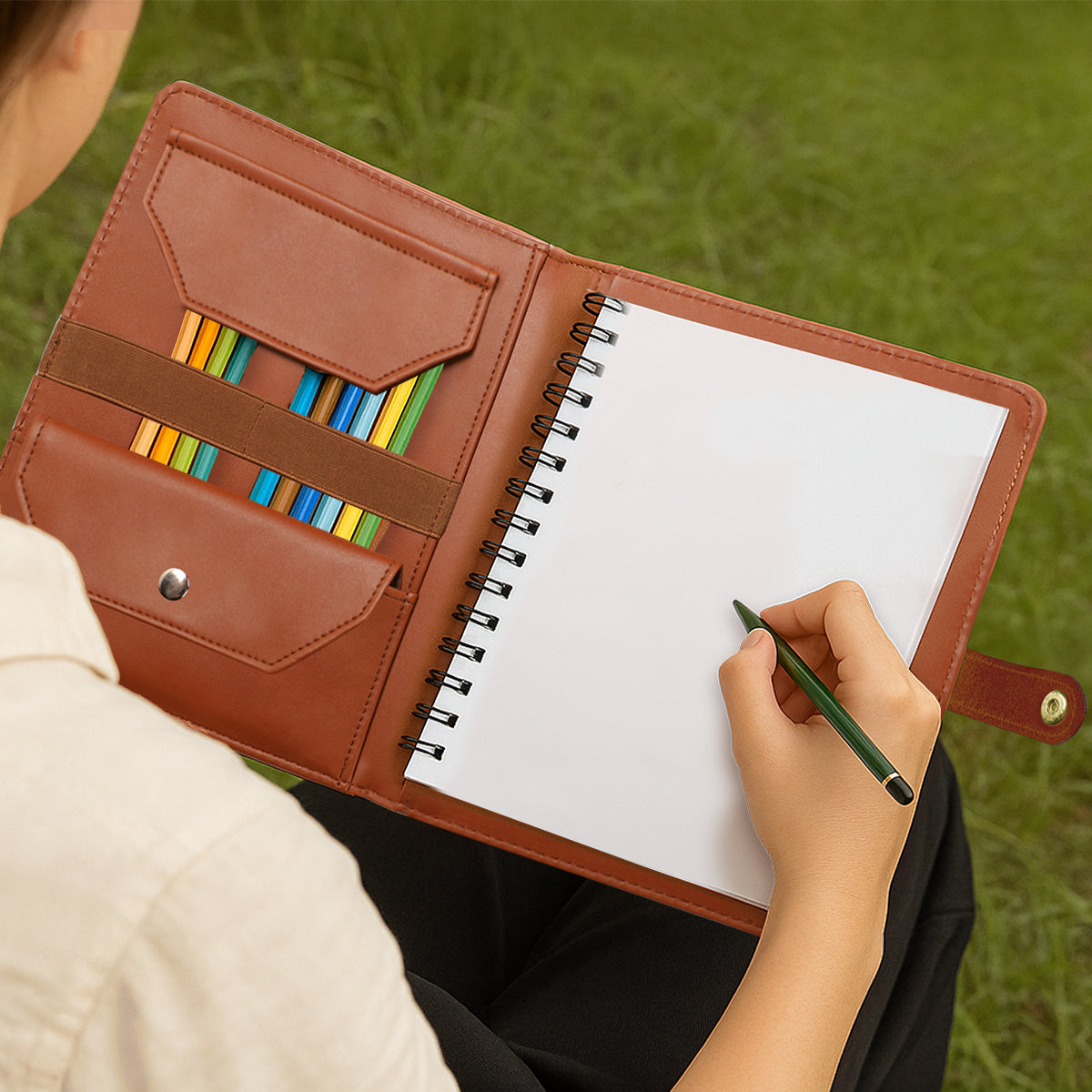 Through The Reading Window - Personalized Leather Notebook Cover With Pocket