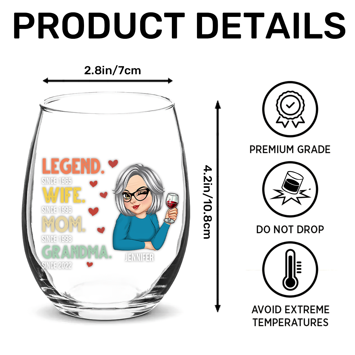 Legend Wife Mom Grandma - Personalized Stemless Wine Glass
