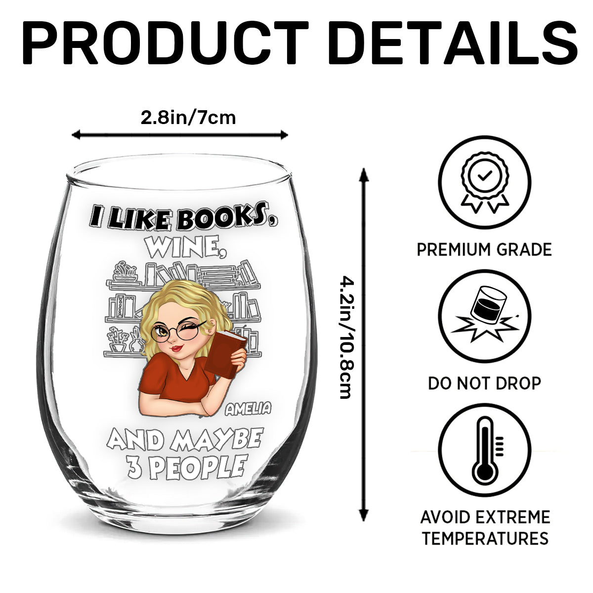 I Like Books Wine And Maybe 3 People - Personalized Stemless Wine Glass