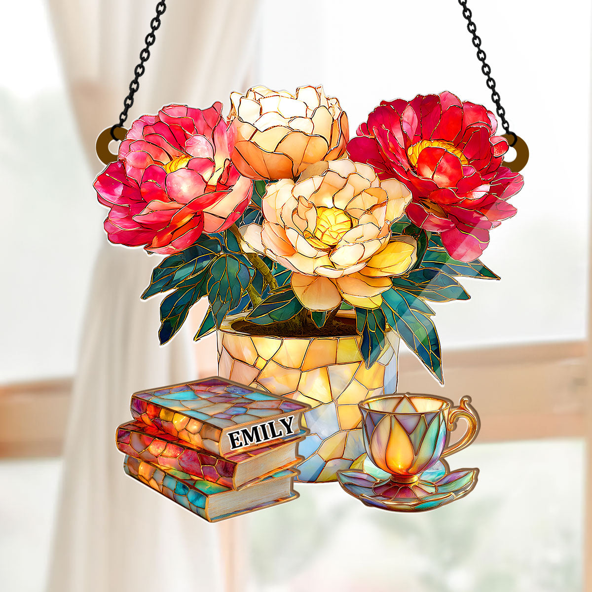 Peony, Books, And Tea - Personalized Acrylic Suncatcher