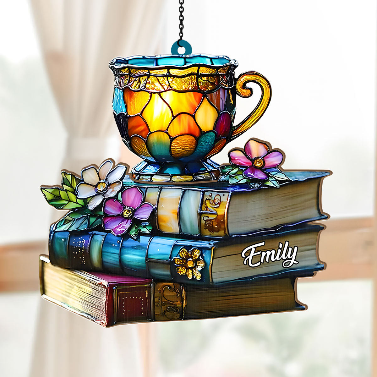 Floral Book And Tea - Personalized Acrylic Suncatcher