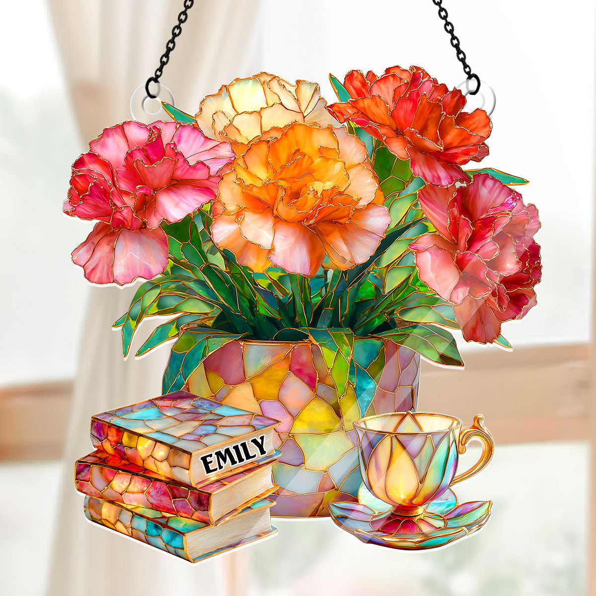Carnation, Books, And Tea - Personalized Acrylic Suncatcher