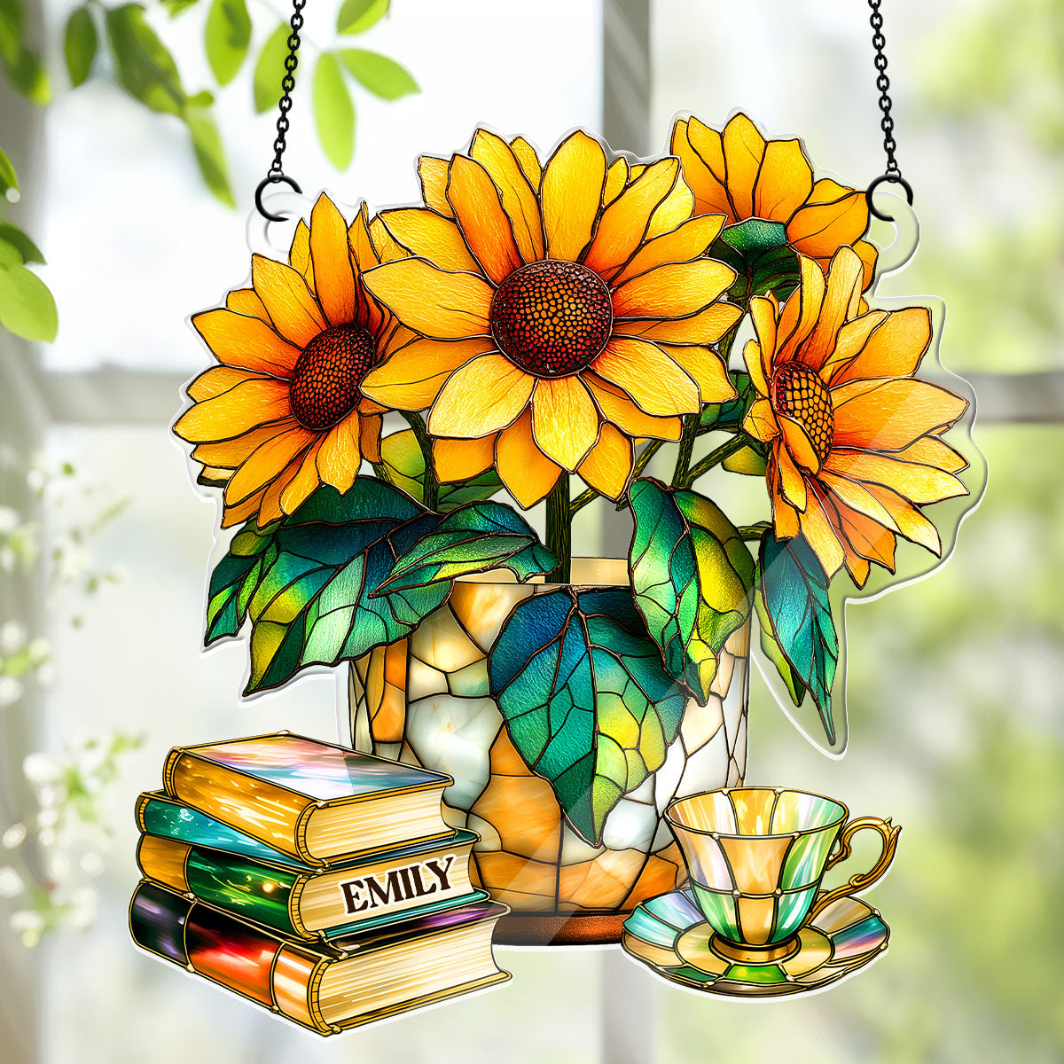 Nostalgic Sunflowers, Books, And Tea - Personalized Acrylic Suncatcher