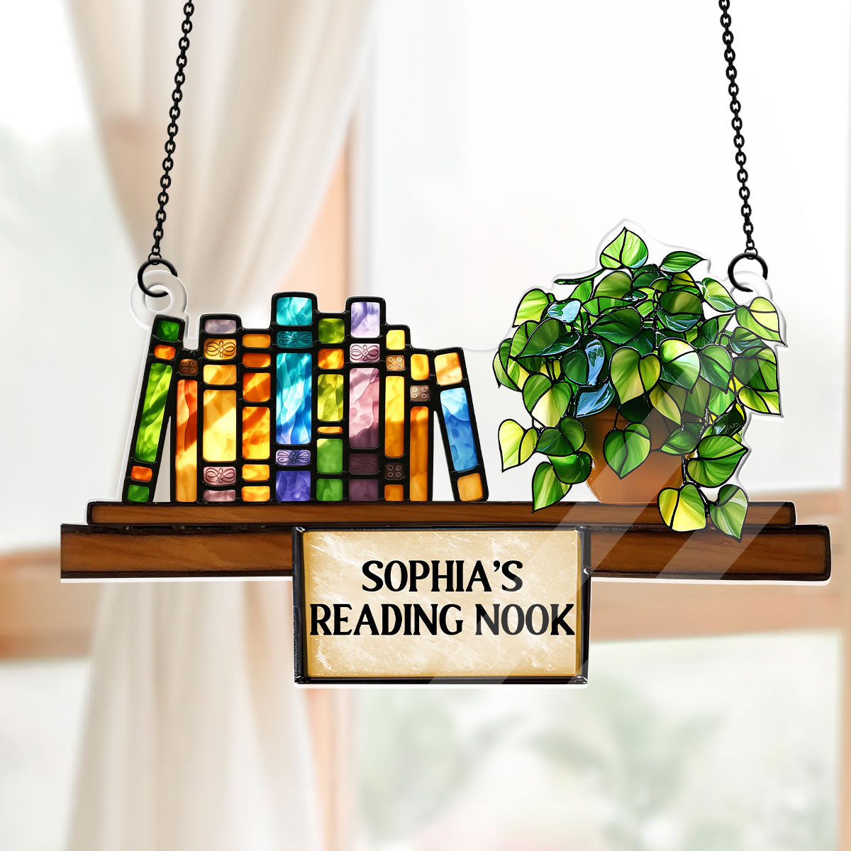 Bookshelf With Pothos Plant - Personalized Acrylic Suncatcher