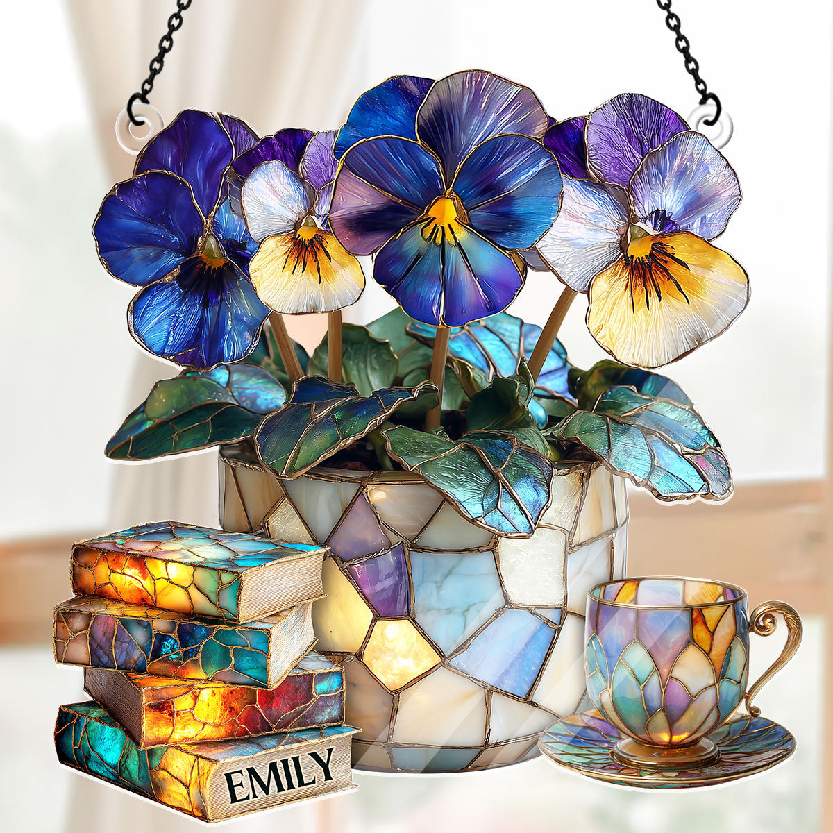 Violet, Books, And Tea - Personalized Acrylic Suncatcher