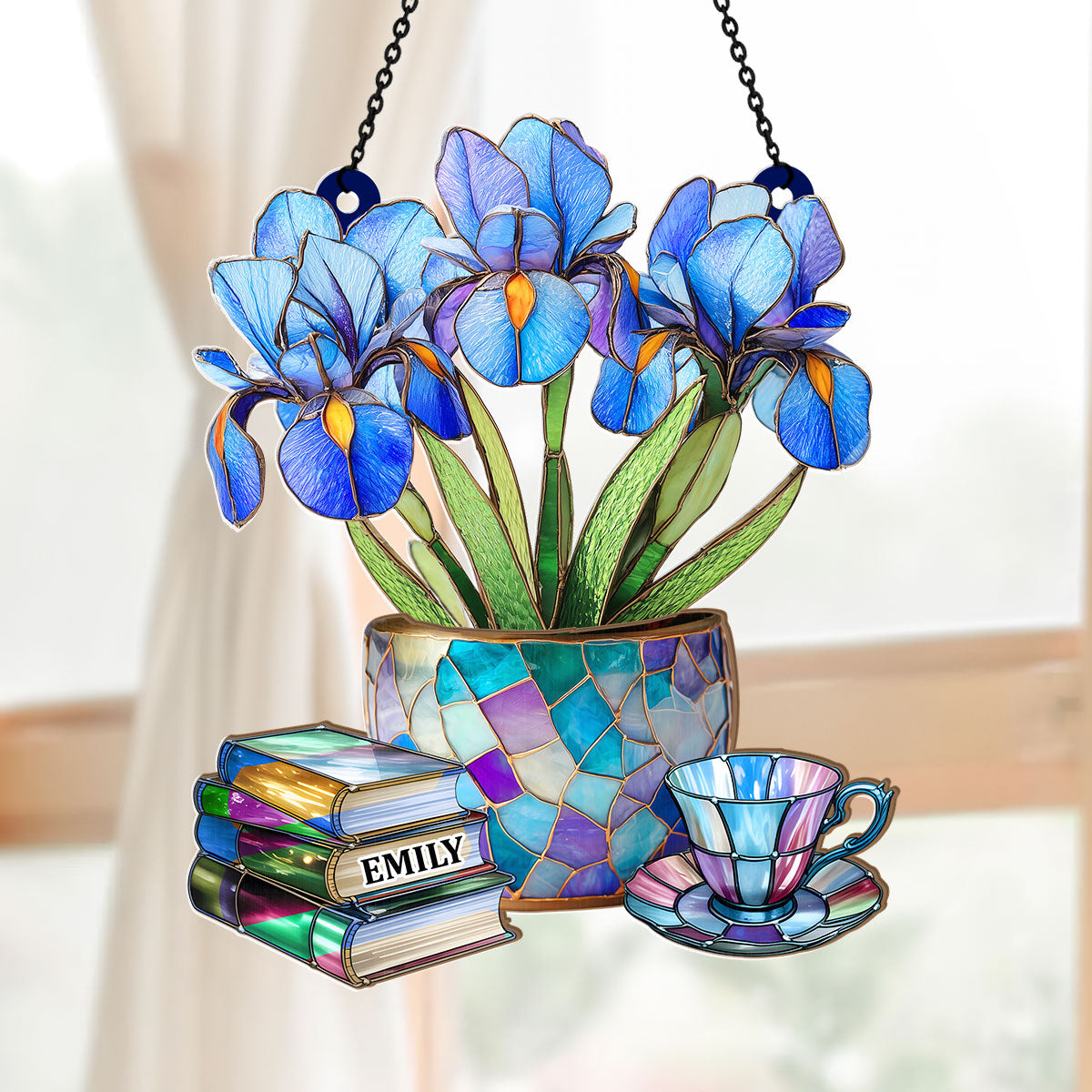 Nostalgic Iris, Books, And Tea - Personalized Acrylic Suncatcher
