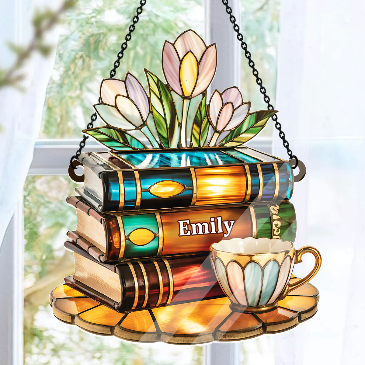 Tea Cup And Library - Personalized Acrylic Suncatcher