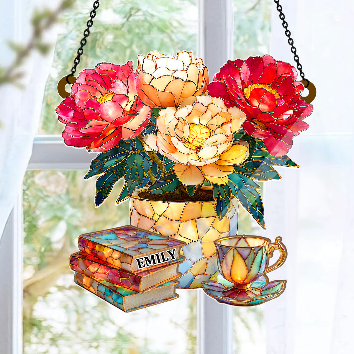 Peony, Books, And Tea - Personalized Acrylic Suncatcher
