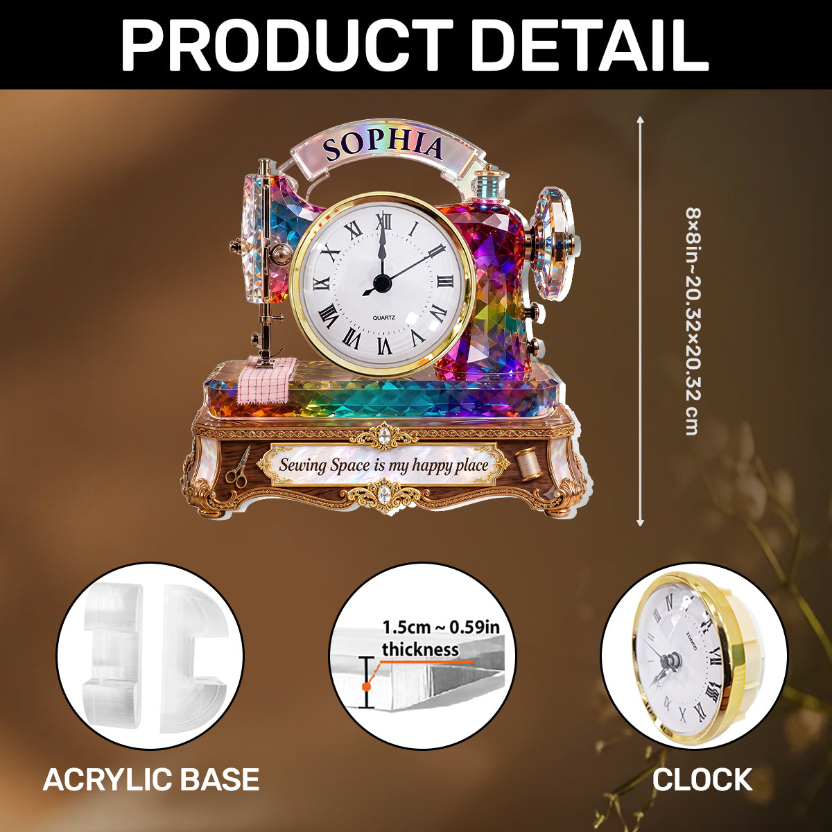Stained Glass Effect Sewing Machine - Personalized Acrylic Desk Clock