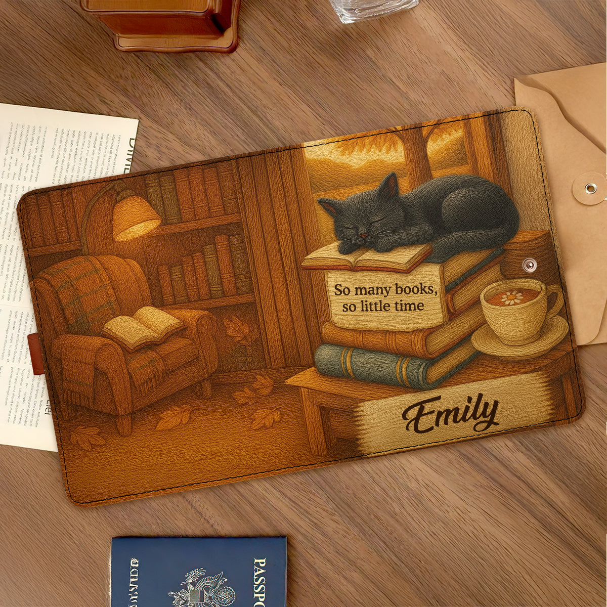 So Many Books So Little Time - Personalized Leather Notebook Cover With Pocket